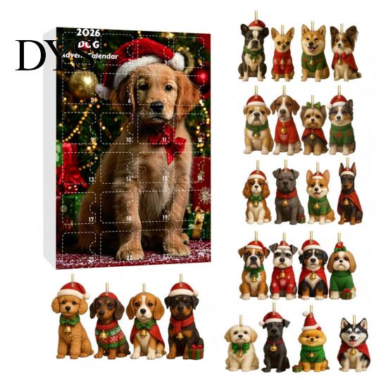 Cuenta Regresiva Navideña Temática de Mascotas Regalos Calendario de Adviento para Perros, Adornos de Acrílico 2D de Razas, Caja de Regalo de Navidad de 24 Días para Niños Calendario para Dueños con 24 Cachorros