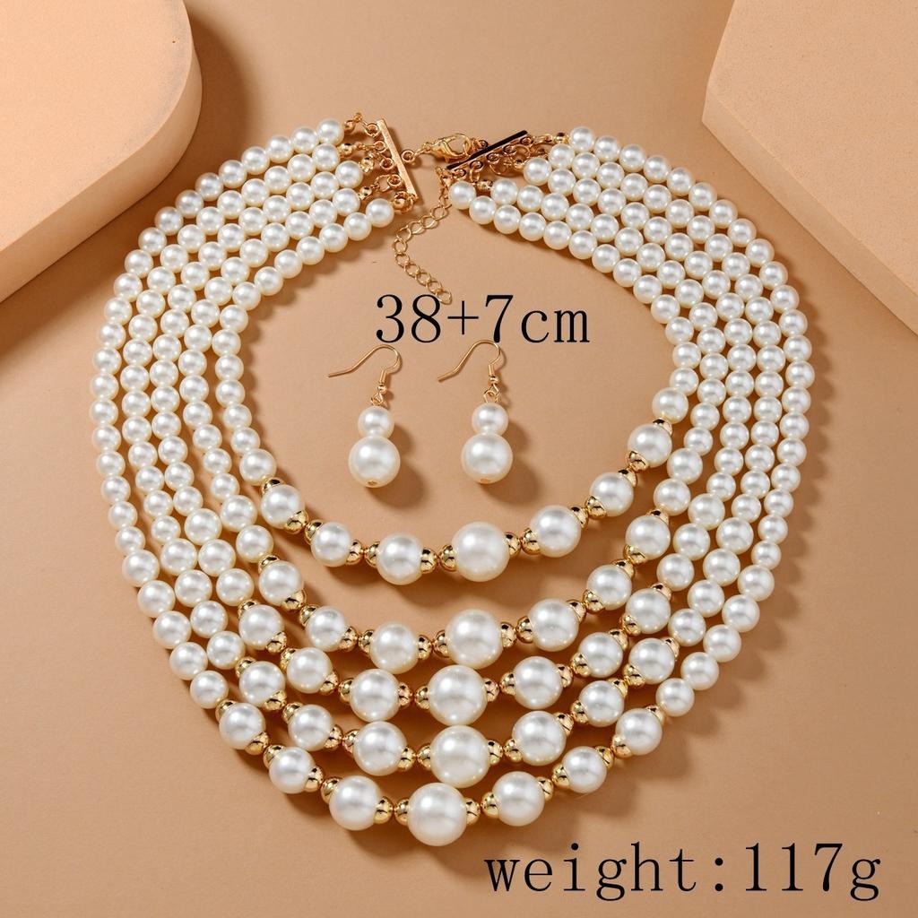 Trend Statement Zircon Set Multi-layer Handmade Imitation Pearl Beaded Bib Necklace And Earrings For Women Party Accessories