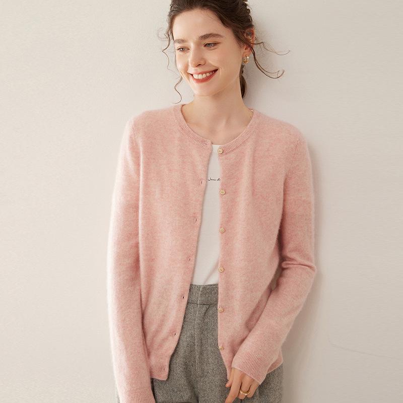 Women's Slim Fit Cashmere Cardigan - Round Neck, Lightweight, Loose Knit Sweater in Solid Color.