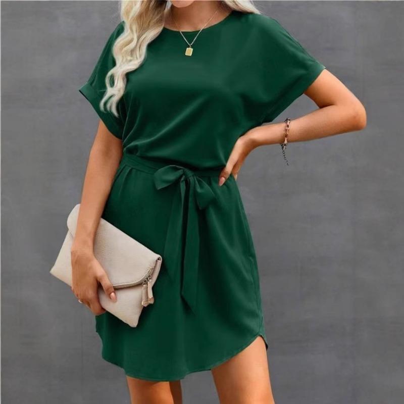 Kadın Yazlık Günlük Moda Yeni Bağcıklı Kemerli Kısa Kollu Elbise