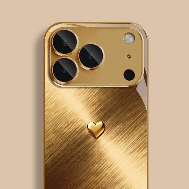 Golden Love Heart Pattern Gold Metallic Paint Glass Phone Case For iPhone 17 Pro Max 11 12 13 14 15 16 Plus 17Air 16E Cover