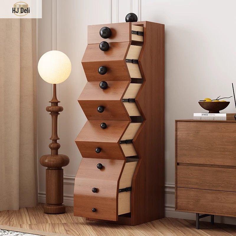 Solid Wood Irregular Five-Drawer Cabinet with Bead Design - Unique Living Room Storage Shelf