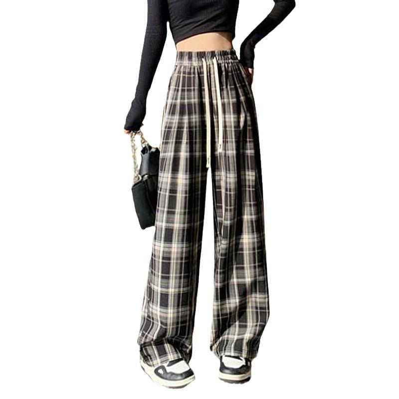 Women's Fashion Temperament Checkered Print Loose Casual Elastic Waist Straight Pants Tide Pant