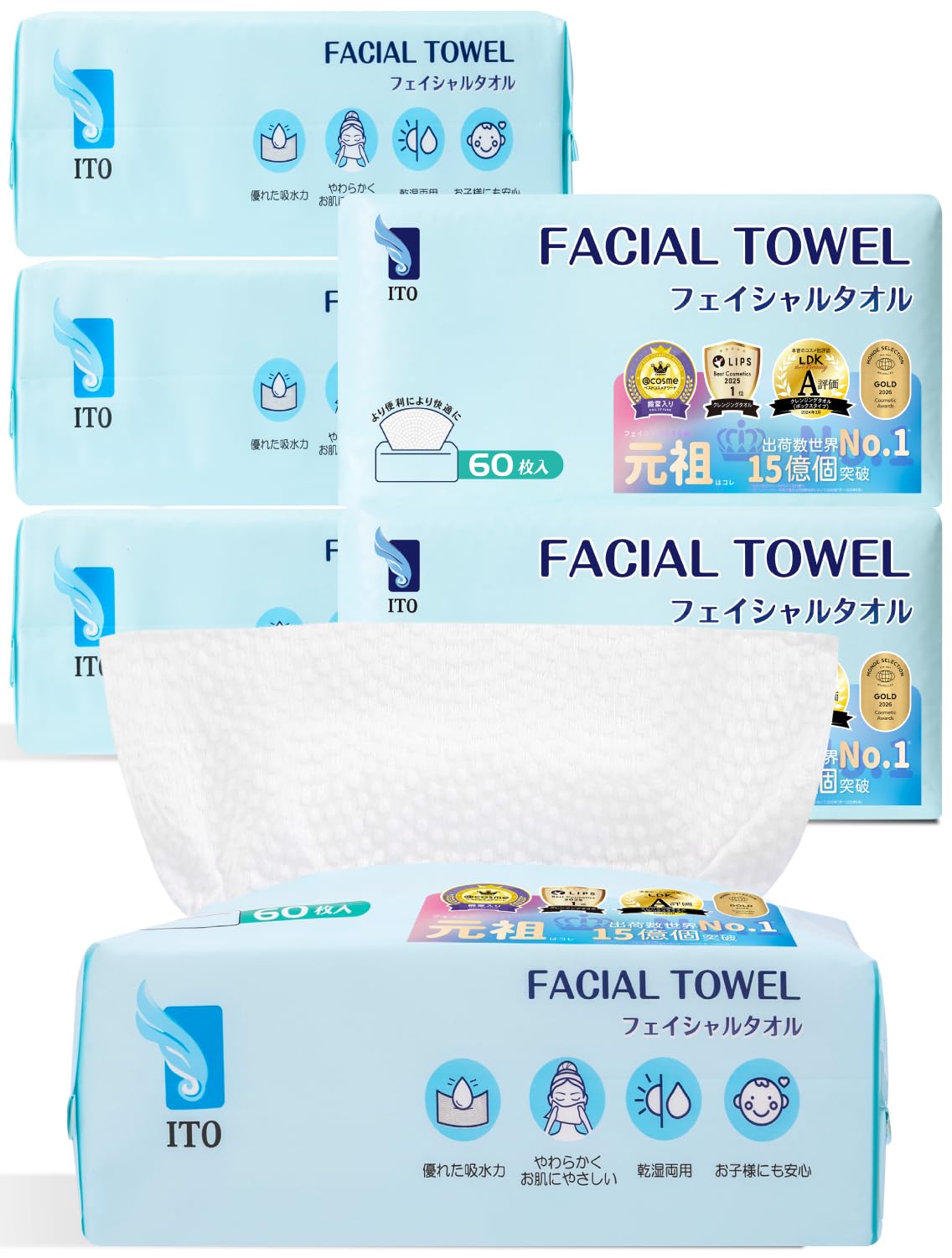 

ITO Family Pack (360 pieces) Facial Towels - Original Shark Pattern Embossed Fabric - Cleansing Towels - Cotton - Disposable Towels - Face Towels -