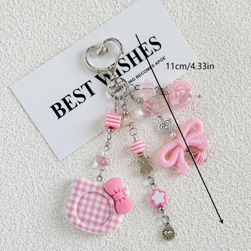 Bow Bead Keychain Cat Head Charm Pendant Keyring Jewelry For Girl Women Gift Bag Decoration Mobile Phone Pendant