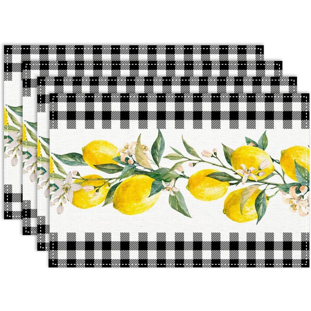 Lemon Tiles Placemat Spring Summer Yellow Lemon Blue Ceramic Leaves Farmhouse Table Mats for Party Kitchen Dining Table