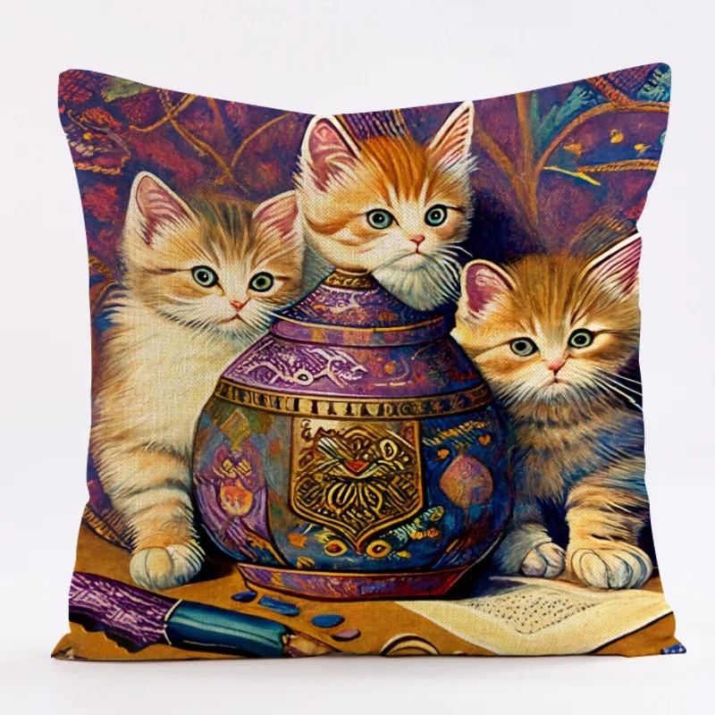 Ny Konst Mural Kattunge Tryck Serie Kuddfodral för Soffa Djurdesign Retro Kuddfodral Heminredning Kuddöverdrag 45x45 cm