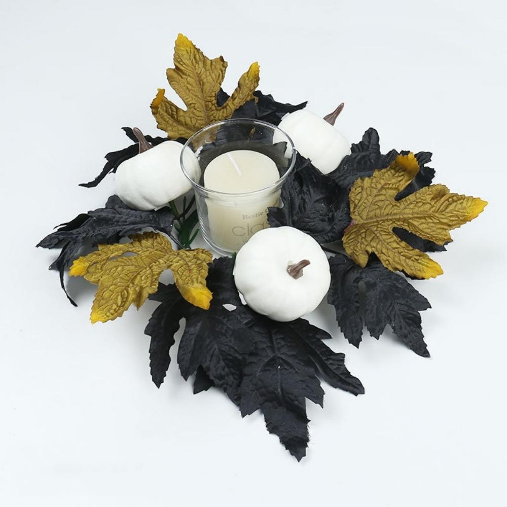 Halloween Candle Wreath Black Maple Leaf Pumpkin Candlestick Wreath Artificial Flower Garland Home Festival Decoration Supplies