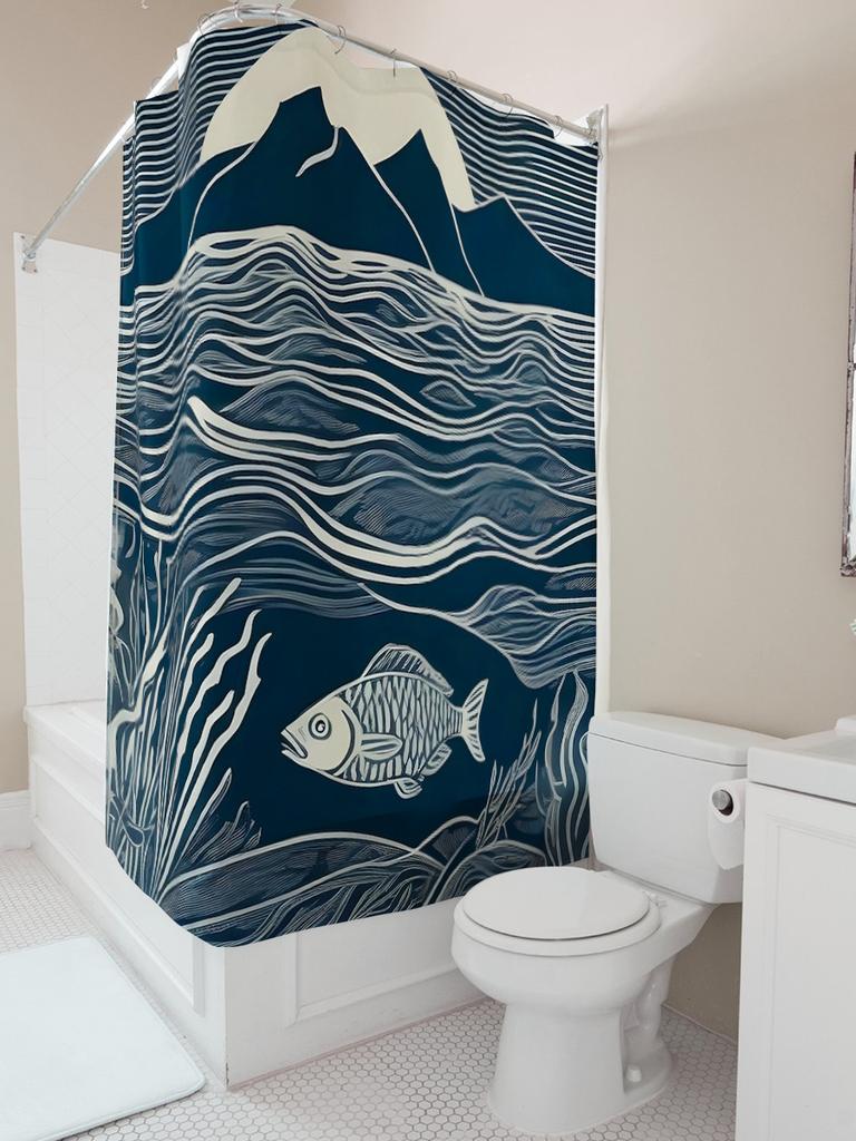 Modern Artistic Blue and White Fish and Mountain Pattern Waterproof Shower Curtain for Stylish Bathroom Decor, Easy Instal