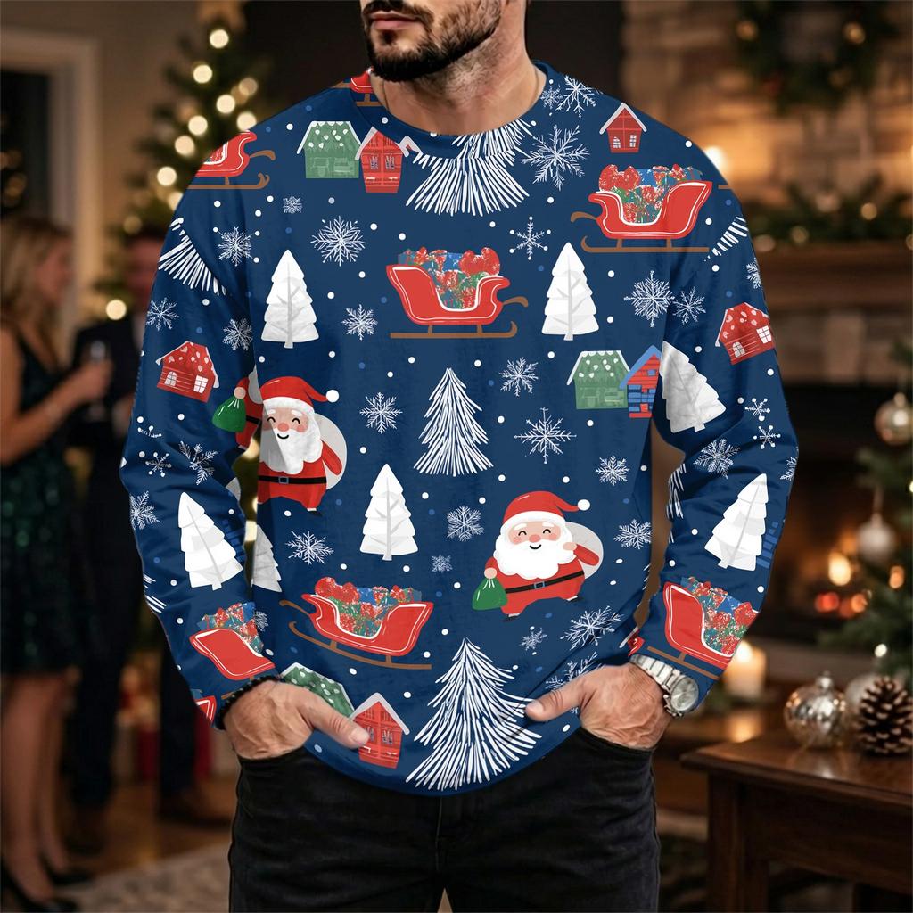 Men's Casual Loose Fit Neck Long Sleeve Top with Christmas Print, Winter Base Layer