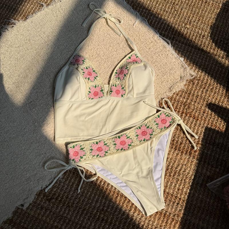 

Женский купальник бикини из двух частей с принтом цветов, V-образным вырезом и халтером, сексуальный купальник с мягкой подкладкой, купальный костюм, набор для купания для женщин S белый