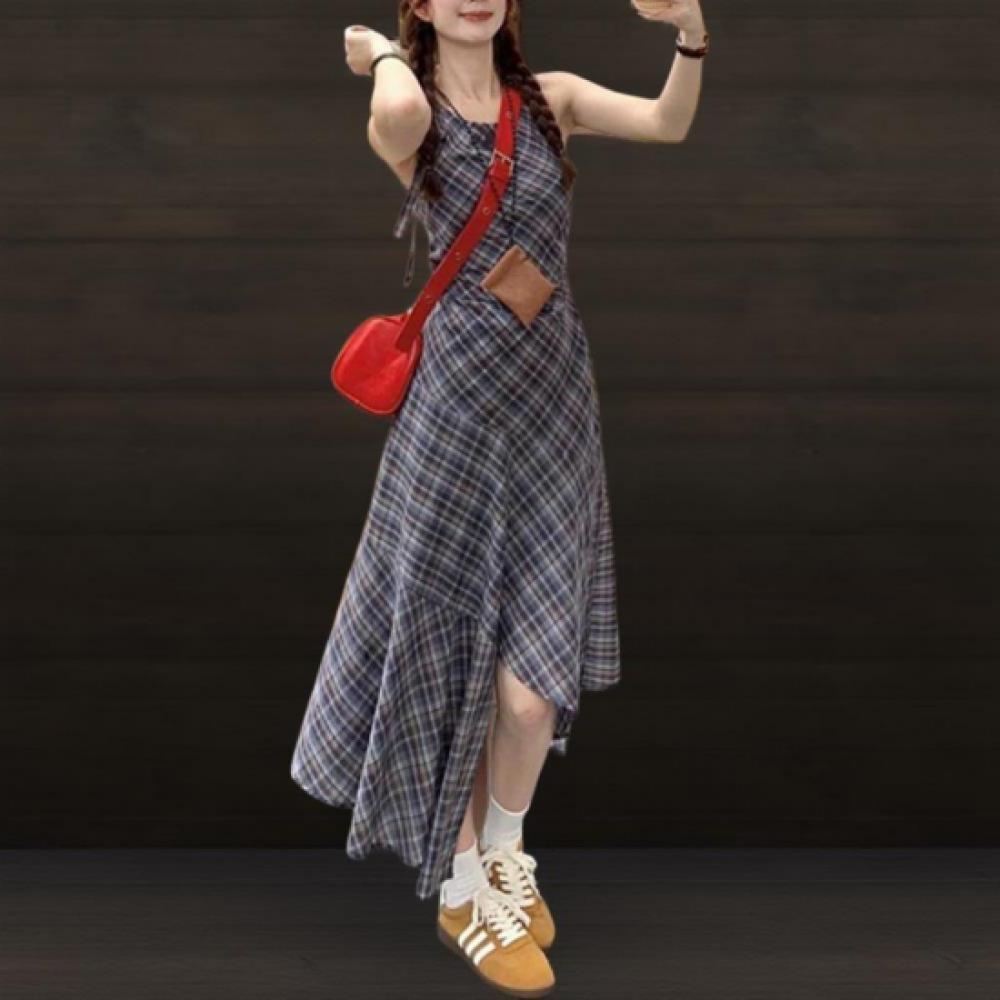 New Arrivals Open Run Women Unbalance Check Pattern Flare Sleeveless Long Dress
