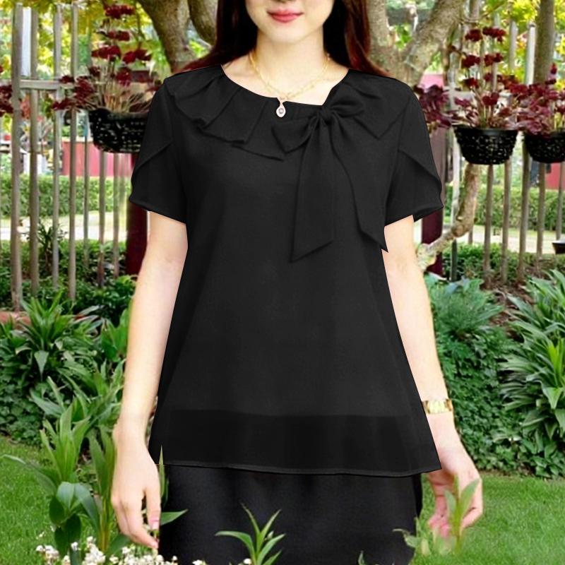 

ZANZEA Женская повседневная летняя блузка с круглым вырезом и коротким рукавом S чёрный