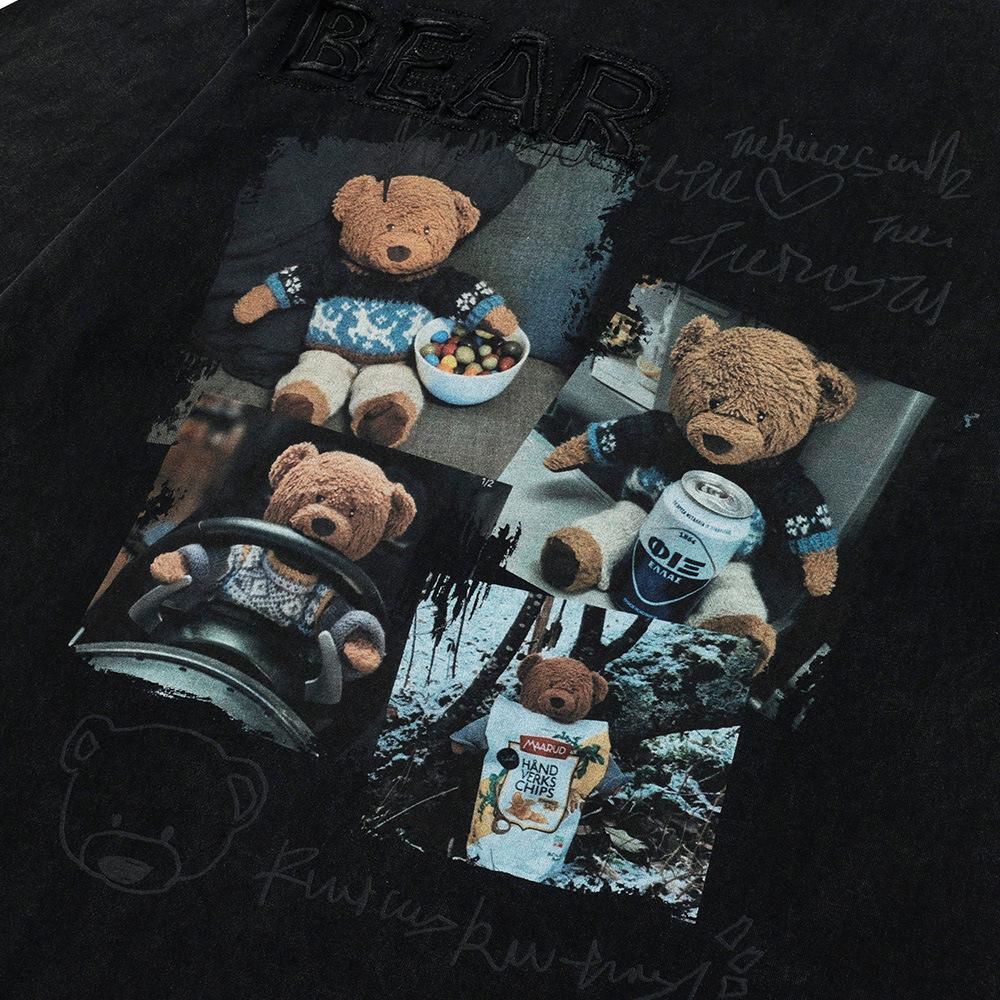 Pánské letní tričko s krátkým rukávem s potiskem amerického kresleného medvídka a trendy designem high street, distressed washed kulatý výstřih