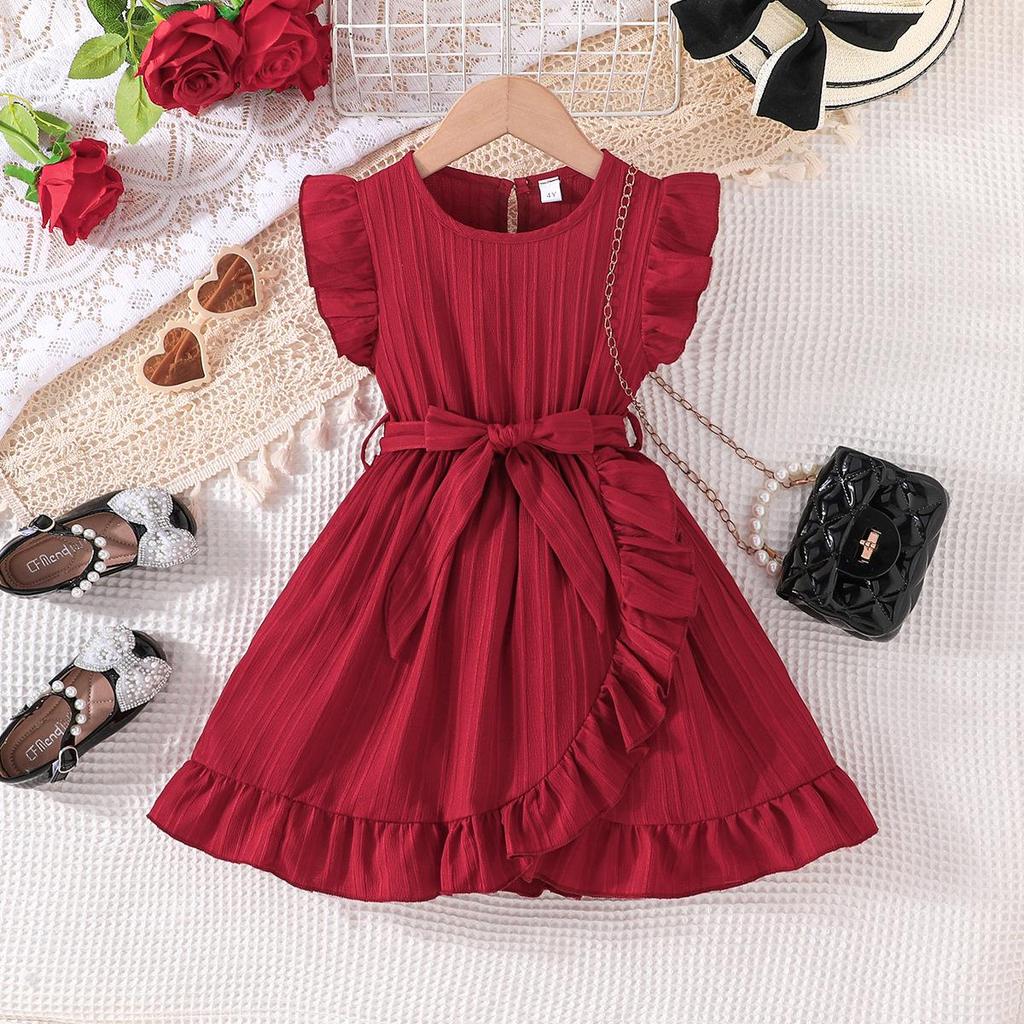 2025 Summer Girls' Solid Color Stripe Ruffle Dress with Belt