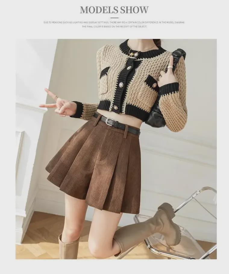 2023 Autumn/Winter Women's Plus Size High Waist Corduroy A-Line Wide-Leg Pleated Shorts