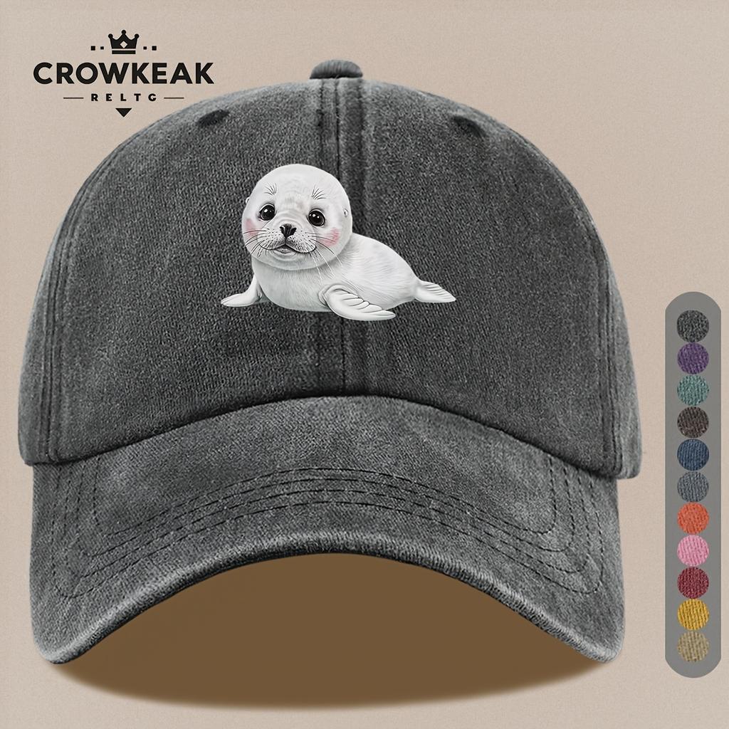 Pc Niedliches Cartoon-Robbenmuster-Design Gedruckte Baseballkappe Schwarz Papa Trucker-Hut Atmungsaktiv Bequem Einfarbig Einfach Retro S