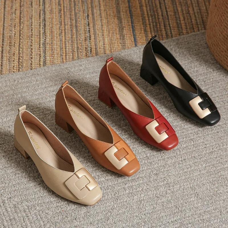 Mode Frau Frühling Mode Slipper Eckige Zehe Hohe Absätze Retro Metallschnalle Damen Flache Mary Janes Zapatos De Mujer Damen Slipper