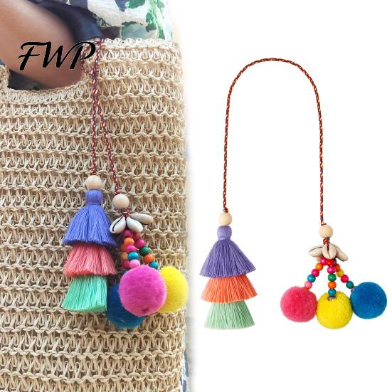 Tote Bag Decoration Tassel Pendant Retro Ethnic Style Straw Canvas Natural Shell Decor Colorful Fur Ball Keychain Handbag Accessory Handmade Beaded