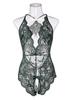 Sexy Crotchless Blue Lingerie Women Lace Hollow Bodysuit Erotic Pajamas Teddy Babydoll Dress Deep V Open Bra Porn Underwear Set