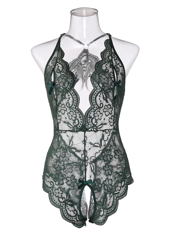 Sexy Crotchless Blue Lingerie Women Lace Hollow Bodysuit Erotic Pajamas Teddy Babydoll Dress Deep V Open Bra Porn Underwear Set