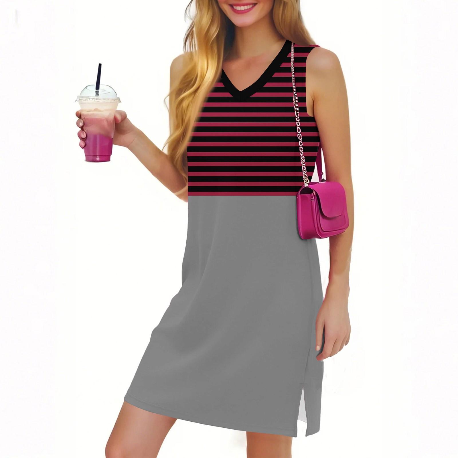 

Жіноча повсякденна модна сексуальна сукня з V-подібним вирізом і без рукавів у смужку XL винний