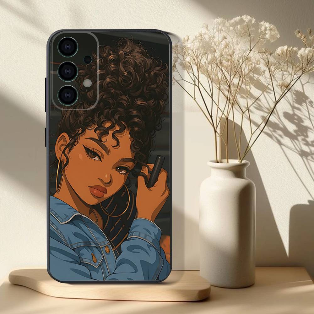 Black Girl A-Afro Phone Case For Samsung S 25,24,23,22,30,21,10,9,Ultra,Plus,Lite,FE,4,5G Black Soft Case