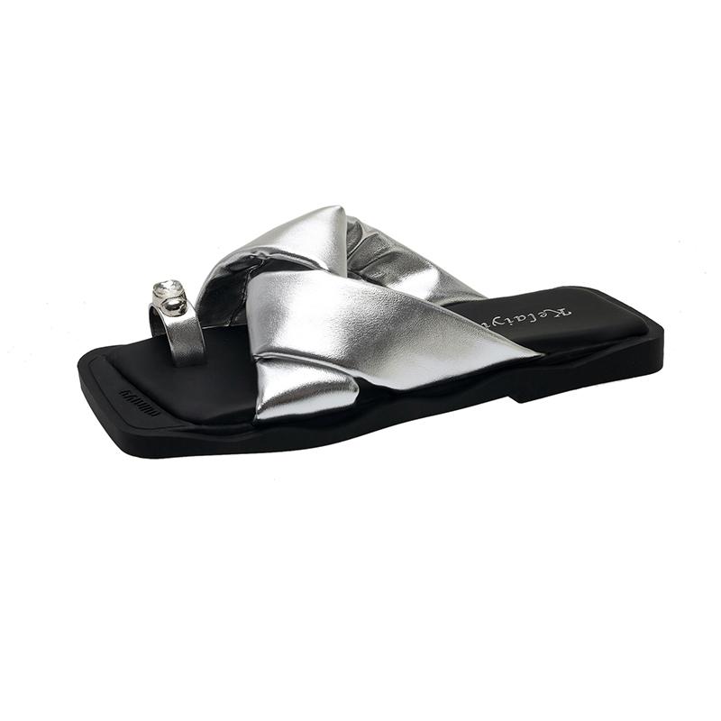 Aphixta Crystal Flip Flop Square Toe Summer Shoes Flat With Heel Slipper Women Casual Slides Outside Sandals Cross Strap Slipper