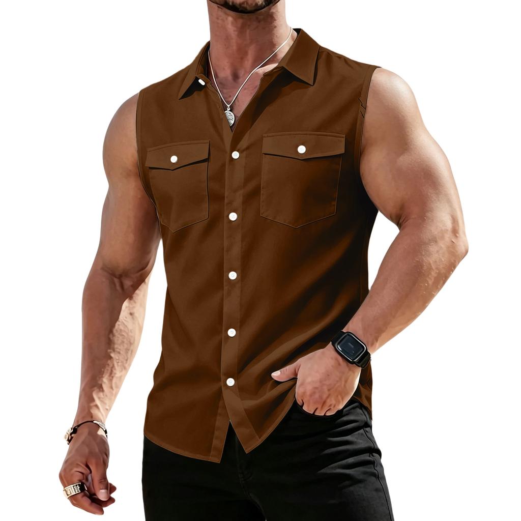 Men's Workwear Lapel Button-Down Vest Shirt - Lightweight Sleeveless Top