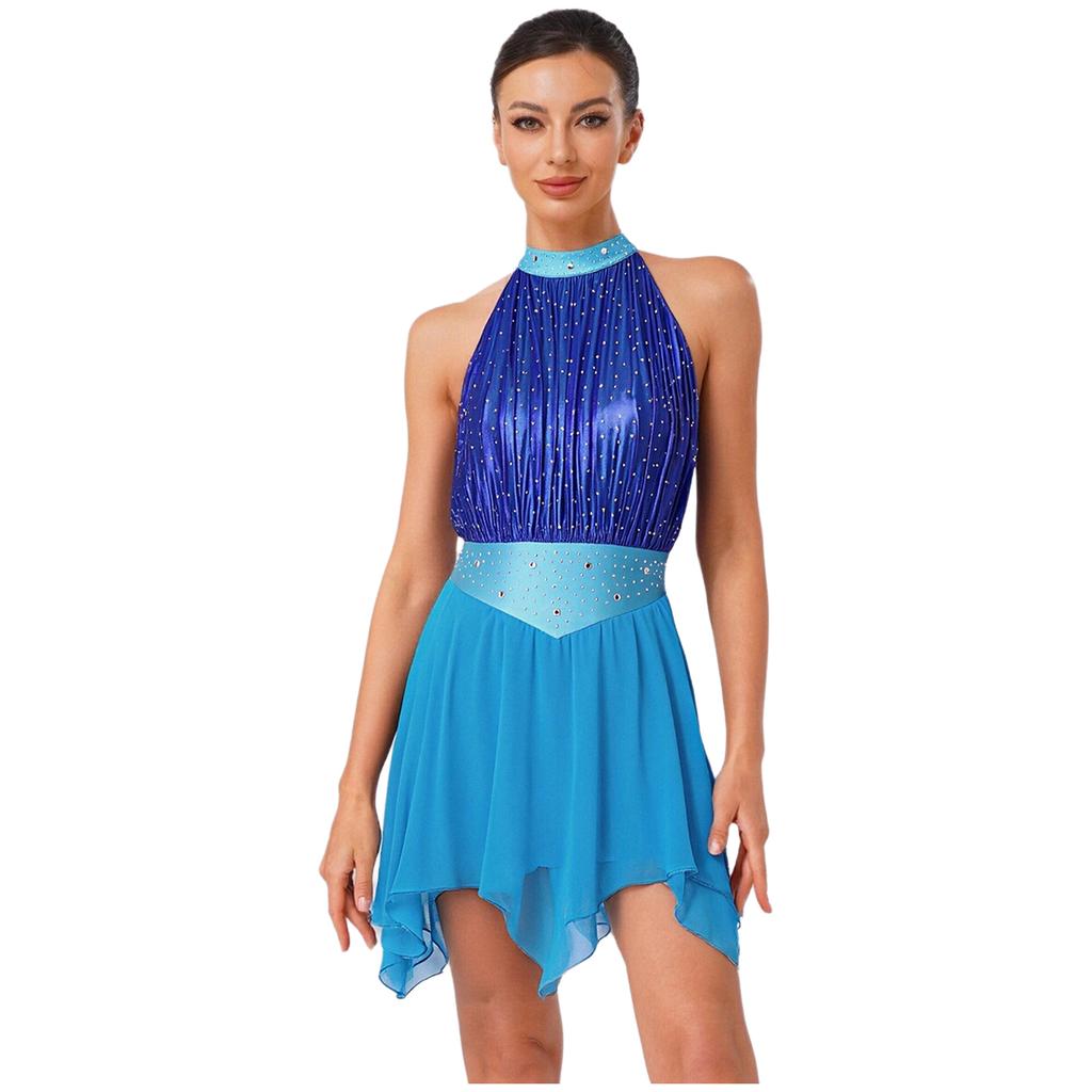 Womens Lyrical Dance Dress Ruched Metallic Mesh Rhinestone Detail Irregular Hem Sleeveless Backless Built In Briefs Leotard