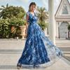 Evening dress V-neck printed mesh ruffle edge fairy long temperament evening dress graduation season dance dress