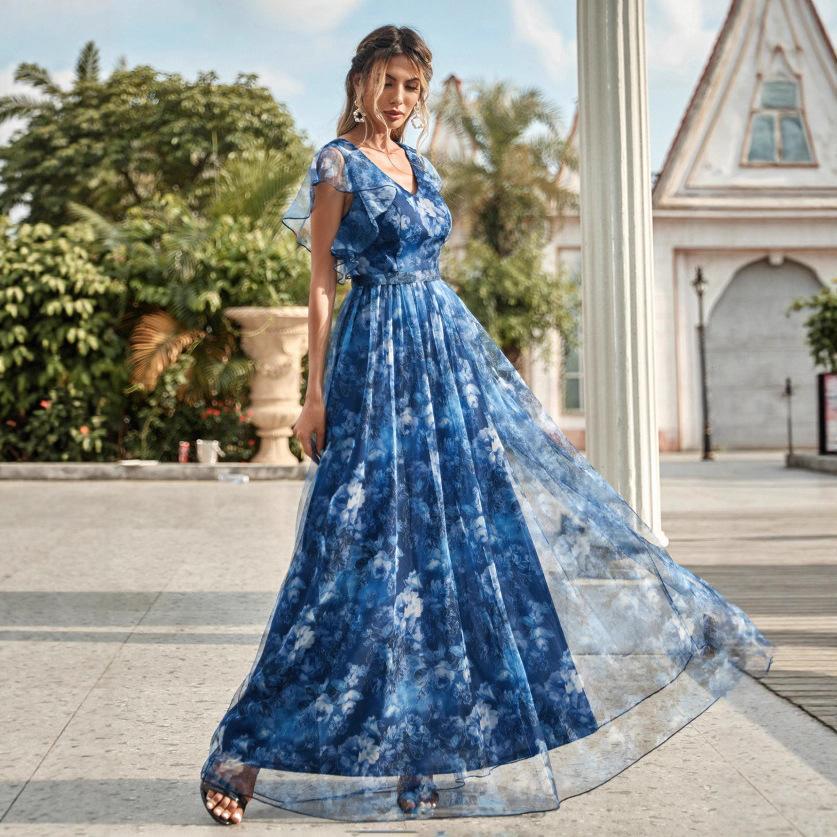 Evening dress V-neck printed mesh ruffle edge fairy long temperament evening dress graduation season dance dress