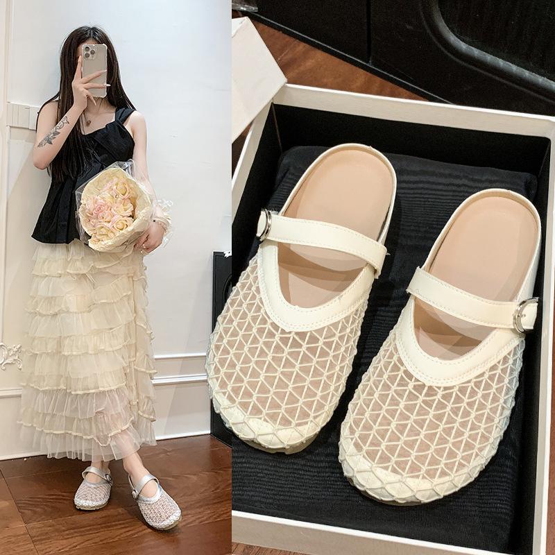 

Flat-bottomed bag head half slippers women s summer outer wear 2025 new one-pedal with skirt mesh single shoes fisherman cool slippers 35 бежевий
