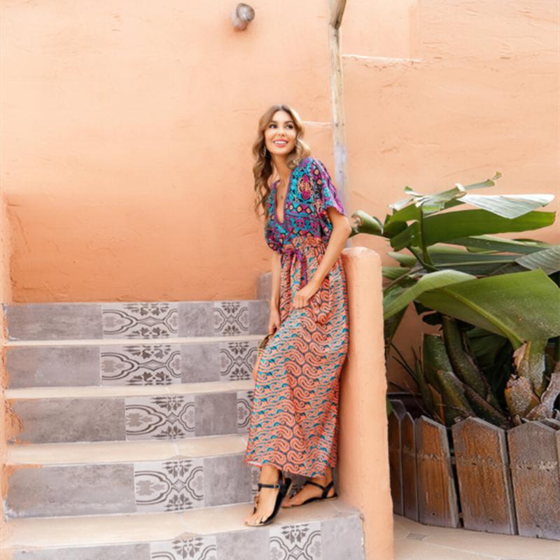 Bikini Cover-ups  Bohemian Printed Kimono Green Tunic Women Plus Size Beachwear Deep V-neck Front Open Maxi Dress Swim Suit Cover Up