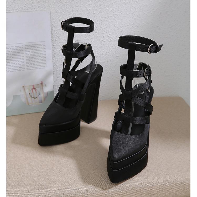 

Мода Модный показ Пряжка ремня Заклепка Толстый каблук Сандалии 2024 Новые Острый носок Полый Сверхвысокий каблук Водонепроницаемая платформа Одинарная обувь Размер 42 42