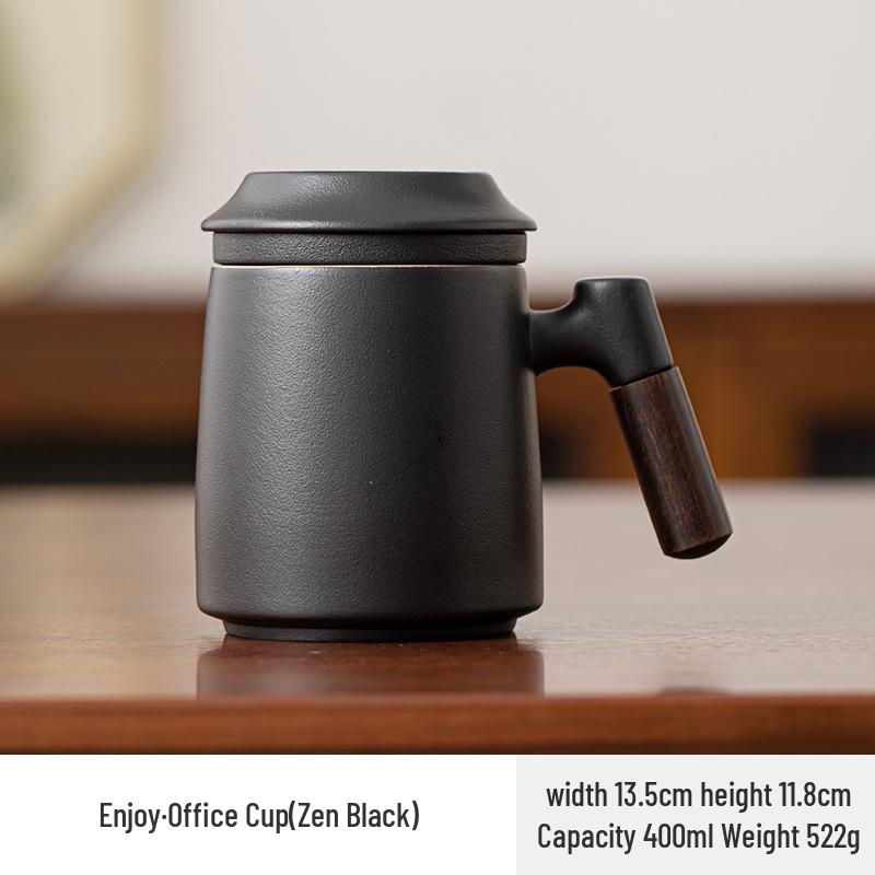 Black Pottery Ceramic Mug with Lid and Liner - Tea & Water Separation Cup, Ideal Office Gift
