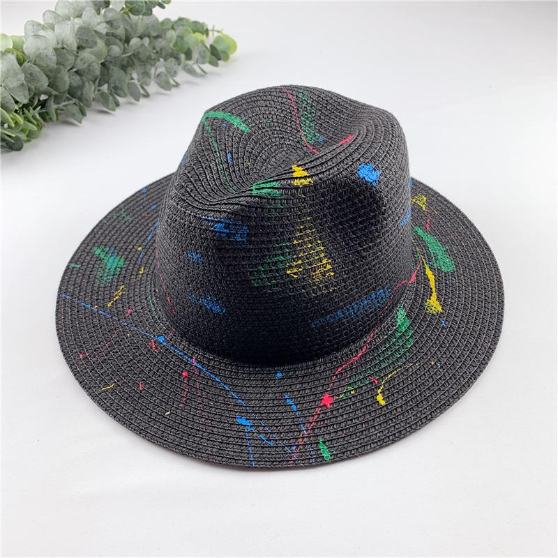 Handmade Graffiti Design Straw Hat Women'S Summer Fresh Grass Weaving Sun Shade And Sunscreen Hat Panama Jazz Sun Hat