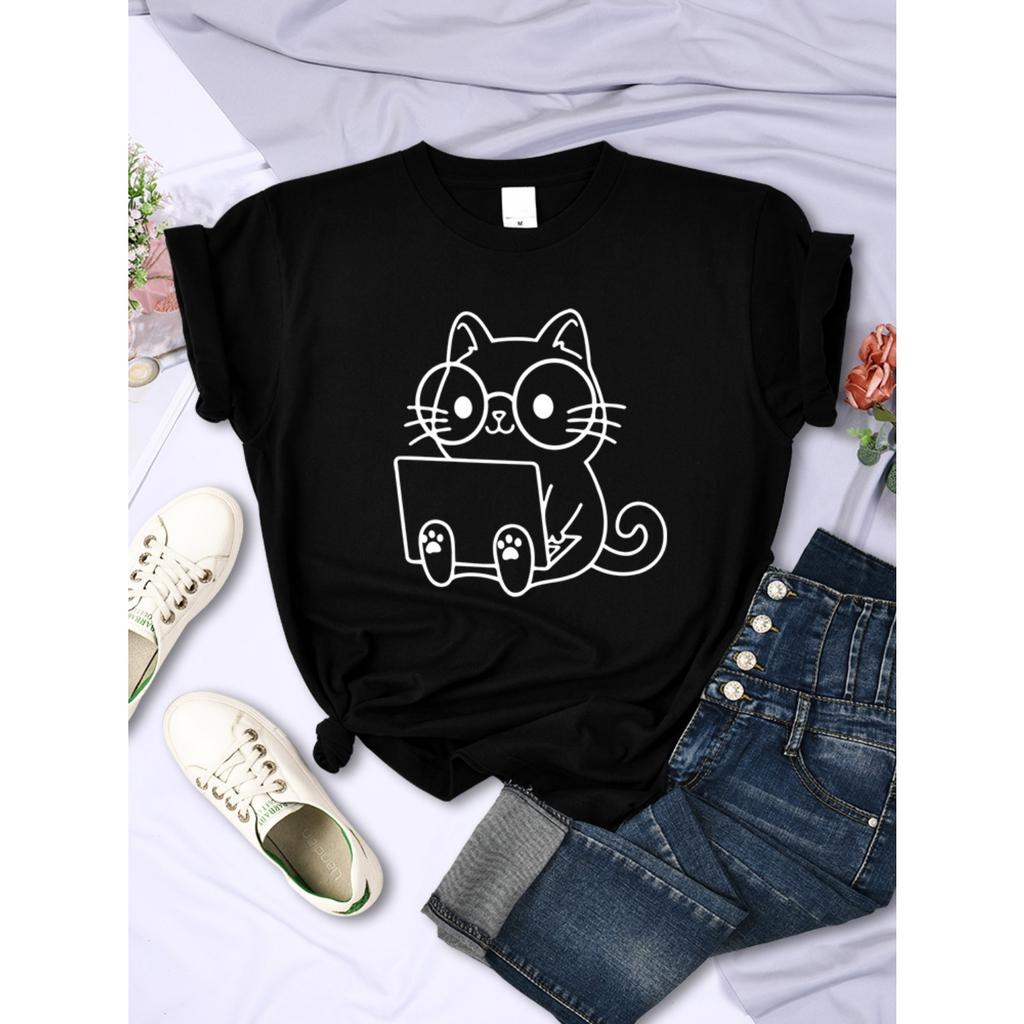 Cat Pattern Printing Women's T-shirt Personality Trend Casual Clothing Street Creative Tops Daily Fashion