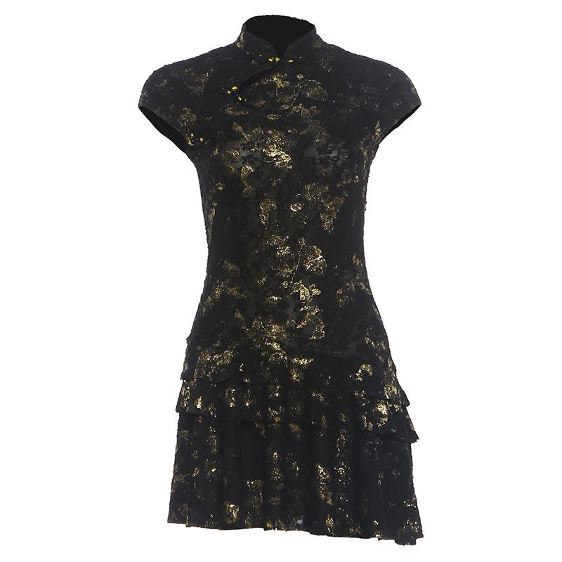 2026 European and American summer new black and gold retro cheongsam collar light luxury temperament elegant imperial sister style dress