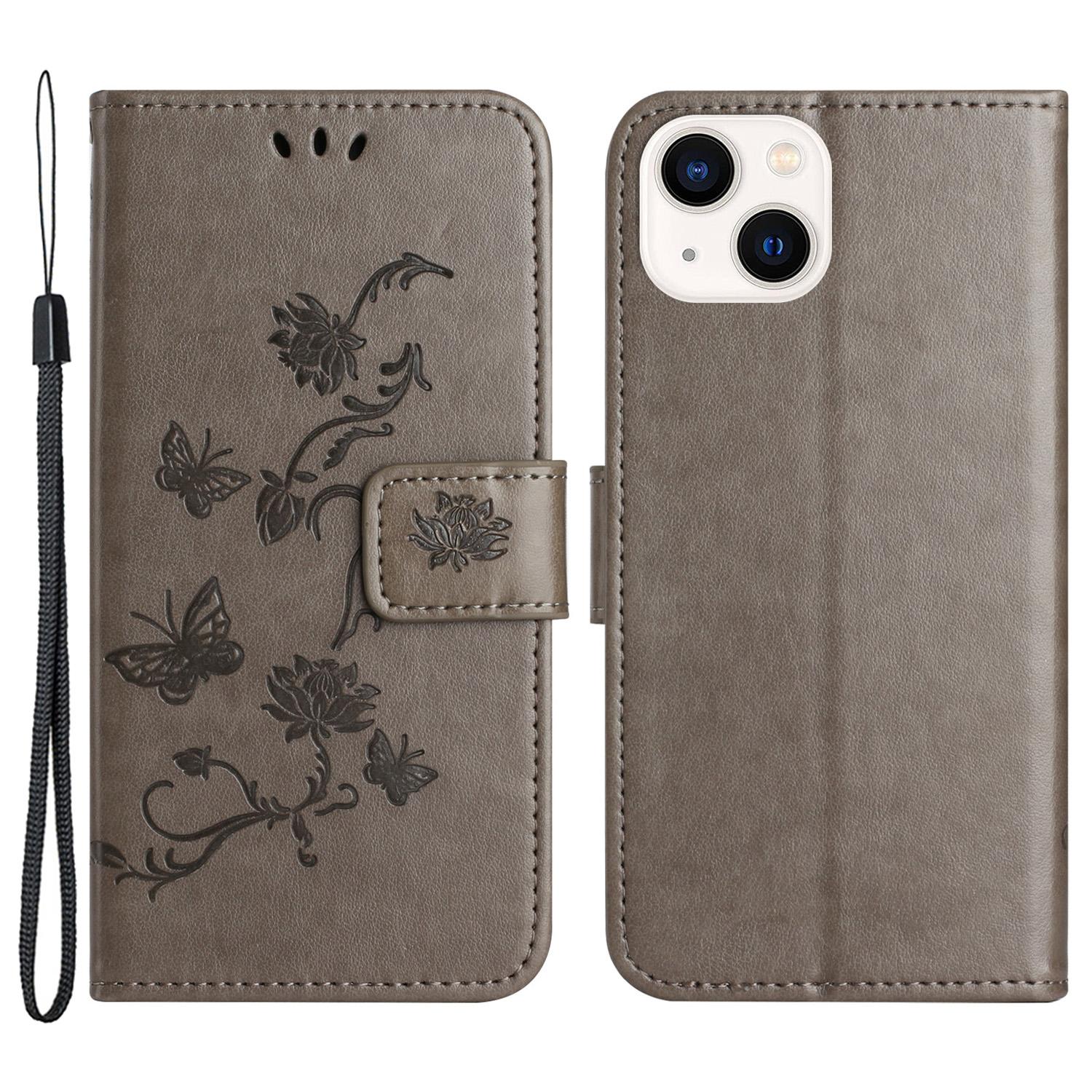 

Wallet Stand Phone Case for iPhone 15 Plus,Butterfly Flower Imprinted PU Leather Phone Cover Grey
