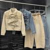 Niche Women's Spring Bowknot Distressed Denim Suit: Heavy Duty Short Jacket + Wide Leg Pants