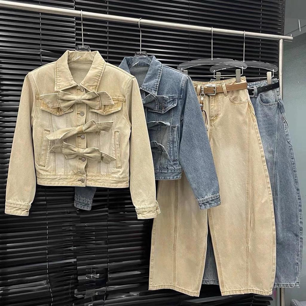Niche Women's Spring Bowknot Distressed Denim Suit: Heavy Duty Short Jacket + Wide Leg Pants