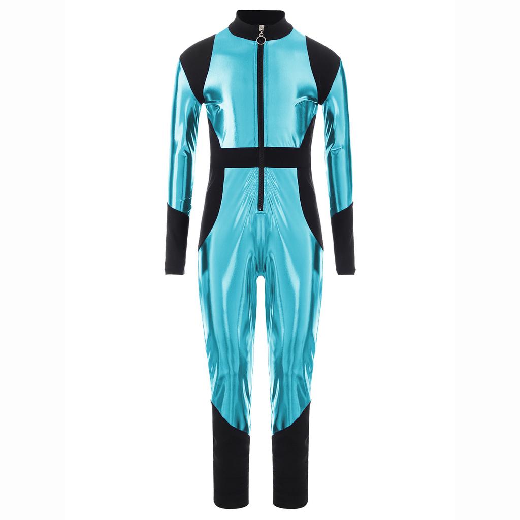 Kids Long Sleeve High Waist Shiny Metallic Zipper Jumpsuit Halloween Alien Cosplay Costume Athletic Bodysuit