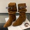Hottie Pleated Pile Boots Women's Vintage Suede Belt Buckle Skinny Thick Heel Pointed Desert Knight Boots