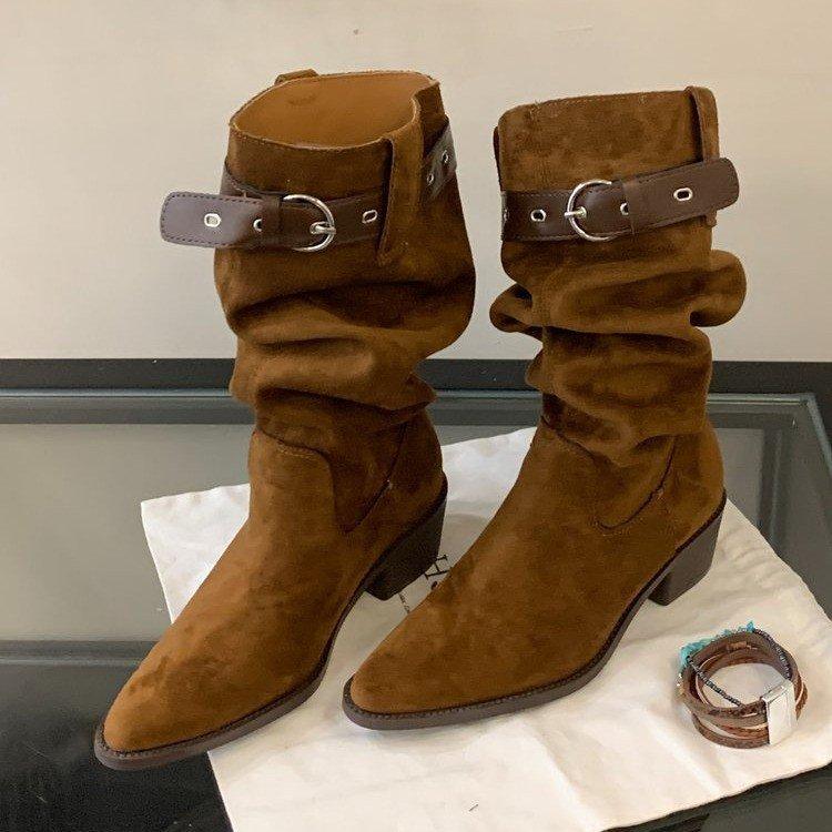 Hottie Pleated Pile Boots Women's Vintage Suede Belt Buckle Skinny Thick Heel Pointed Desert Knight Boots