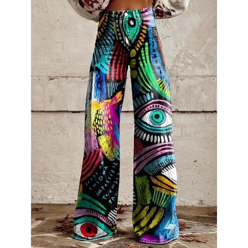 Dame Løstsiddende Bomuld Wide Leg Bukser Med 3D Digital Print Streetwear Stil Afslappede Bukser