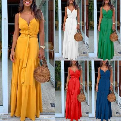 Summer Fashion Temperament Solid Color Women's Button V-neck Sleeveless Suspender Dress