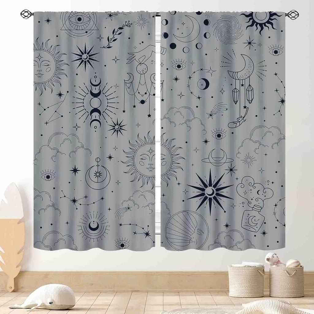 Wild Floral Moon Curtains, Boho Vintage Moon Phase Botanical Mid Century Moonlit Plants Aesthetic Spring Flower Blackout Window