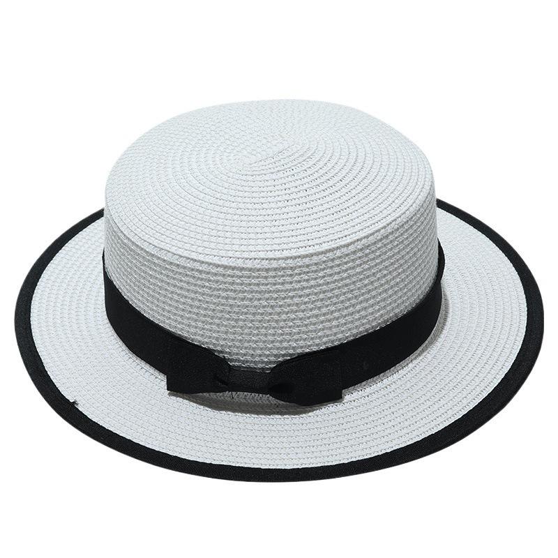 Summer new hat women's small fresh top hat bow flat top hemming straw hat outdoor sunshade sun protection beach hat