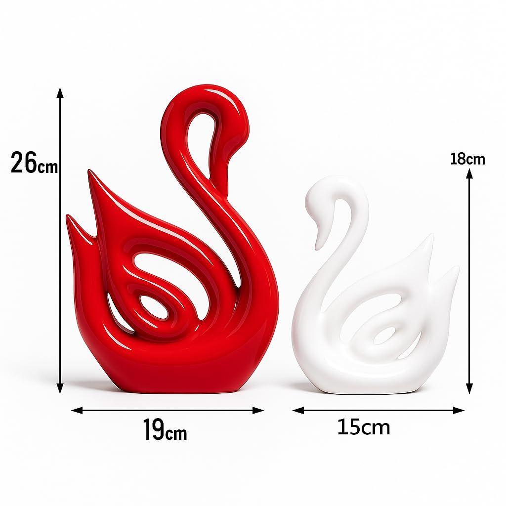Lucky Swan Couple Piano Finish Ceramic Figures for Home Decor (Set of 2 Pc, Large, White & Red)